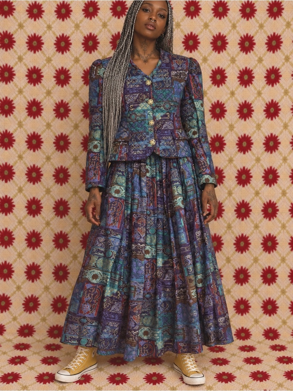 Vintage Quilted Abstract Print Blazer and Maxi Skirt Matching Set M